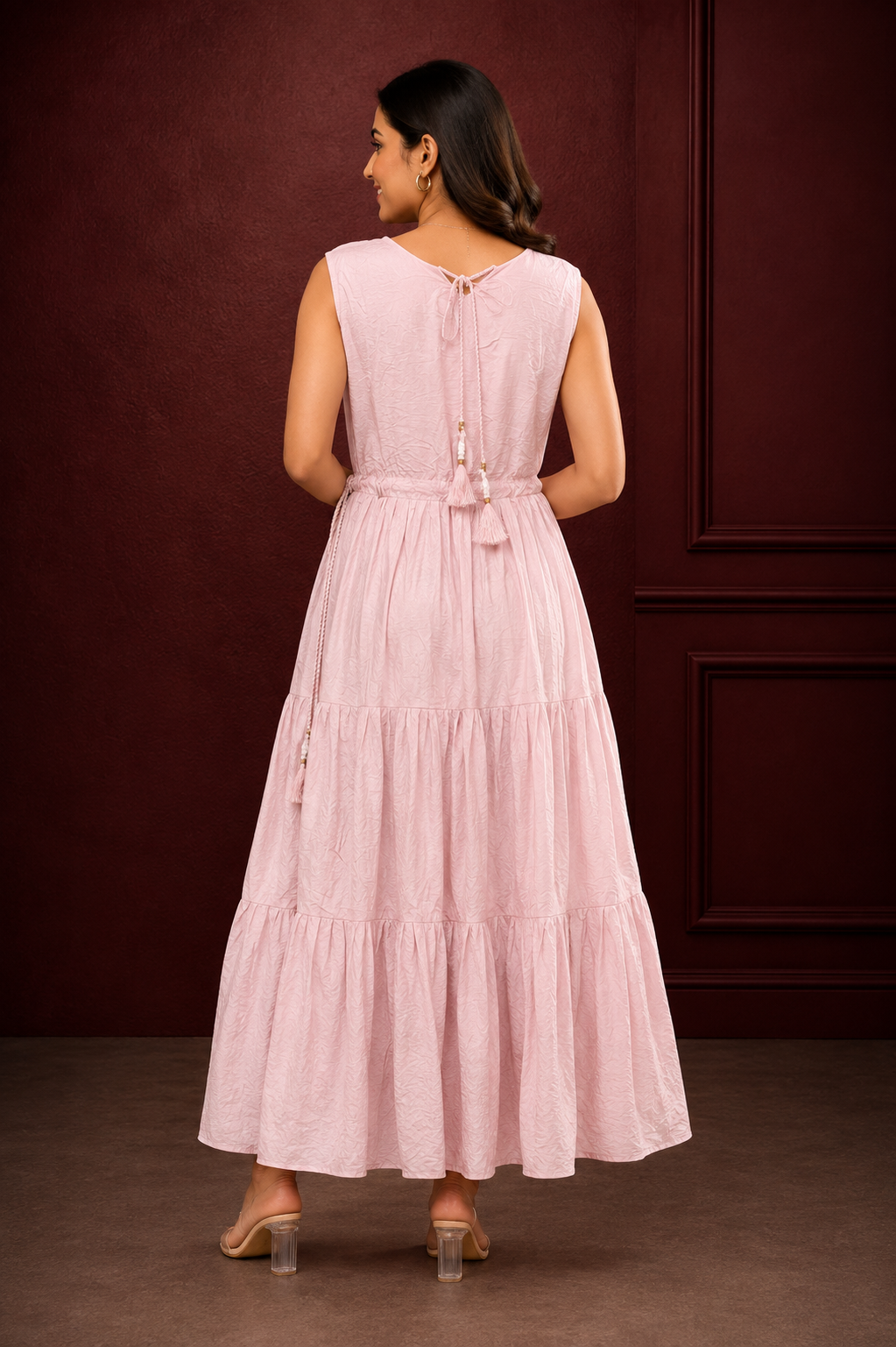 Blush Pink Mirror Work Tiered Maxi Dress