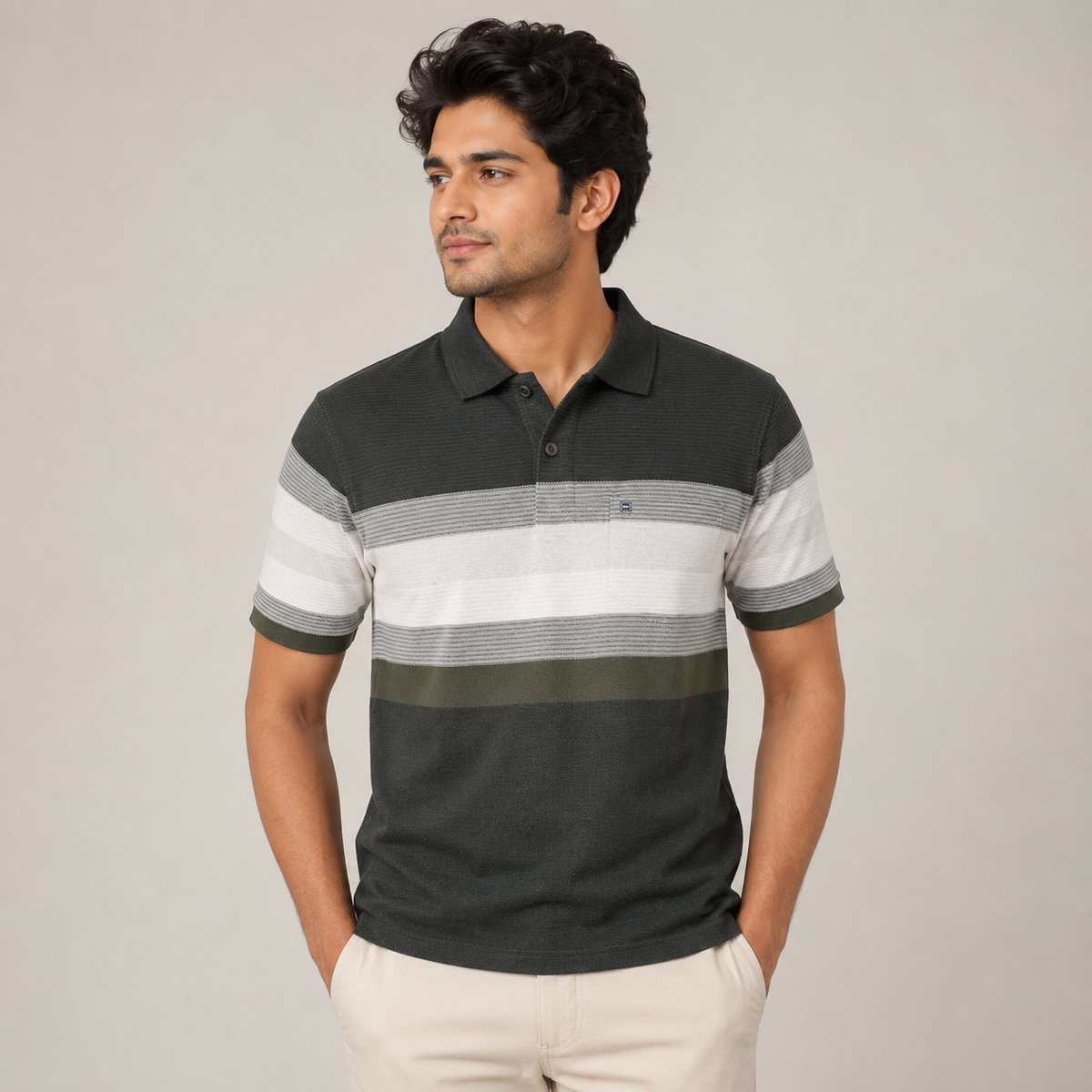 Men’s Olive Black Striped Polo T-Shirt