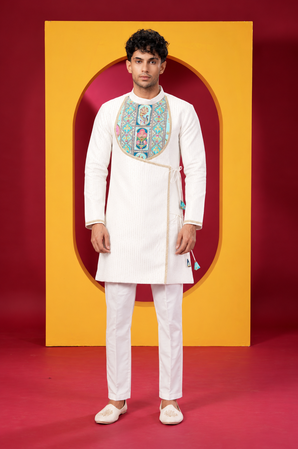 Premium Ivory White Multicolor Embroidered Indo-Western Kurta Set for Men