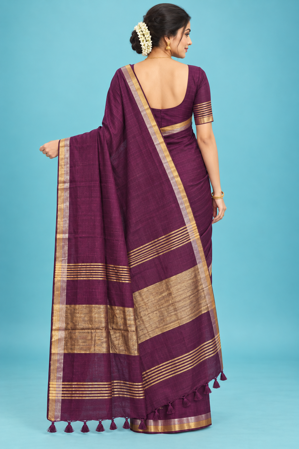 Elegant Wine Purple Handloom Saree with Golden Border
