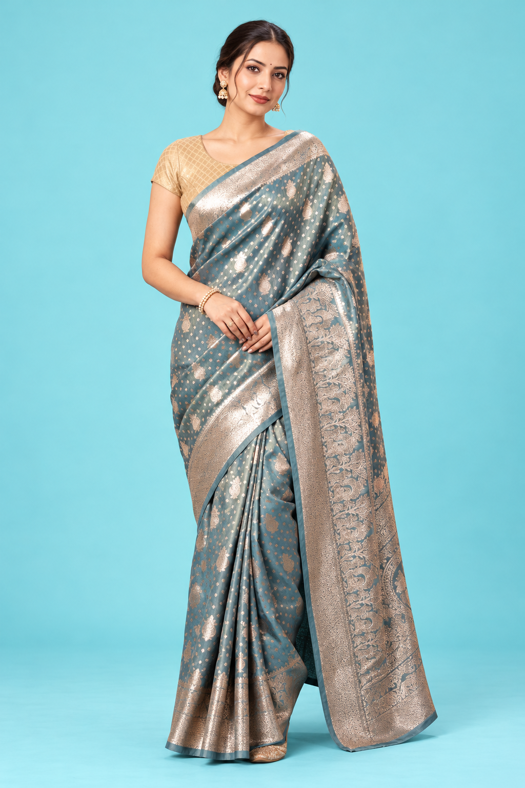 Elegant Dusty Teal Blue Designer Saree with Silver Zari Woven Motifs & Rich Traditional Pallu