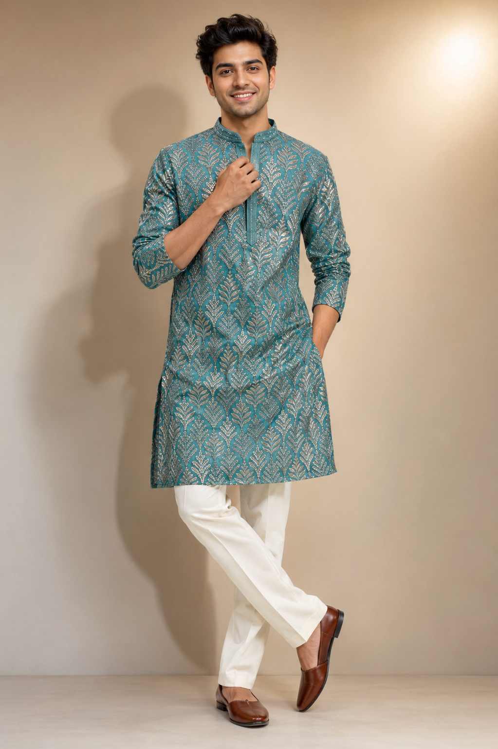 Teal Blue Printed Kurta with White Trousers