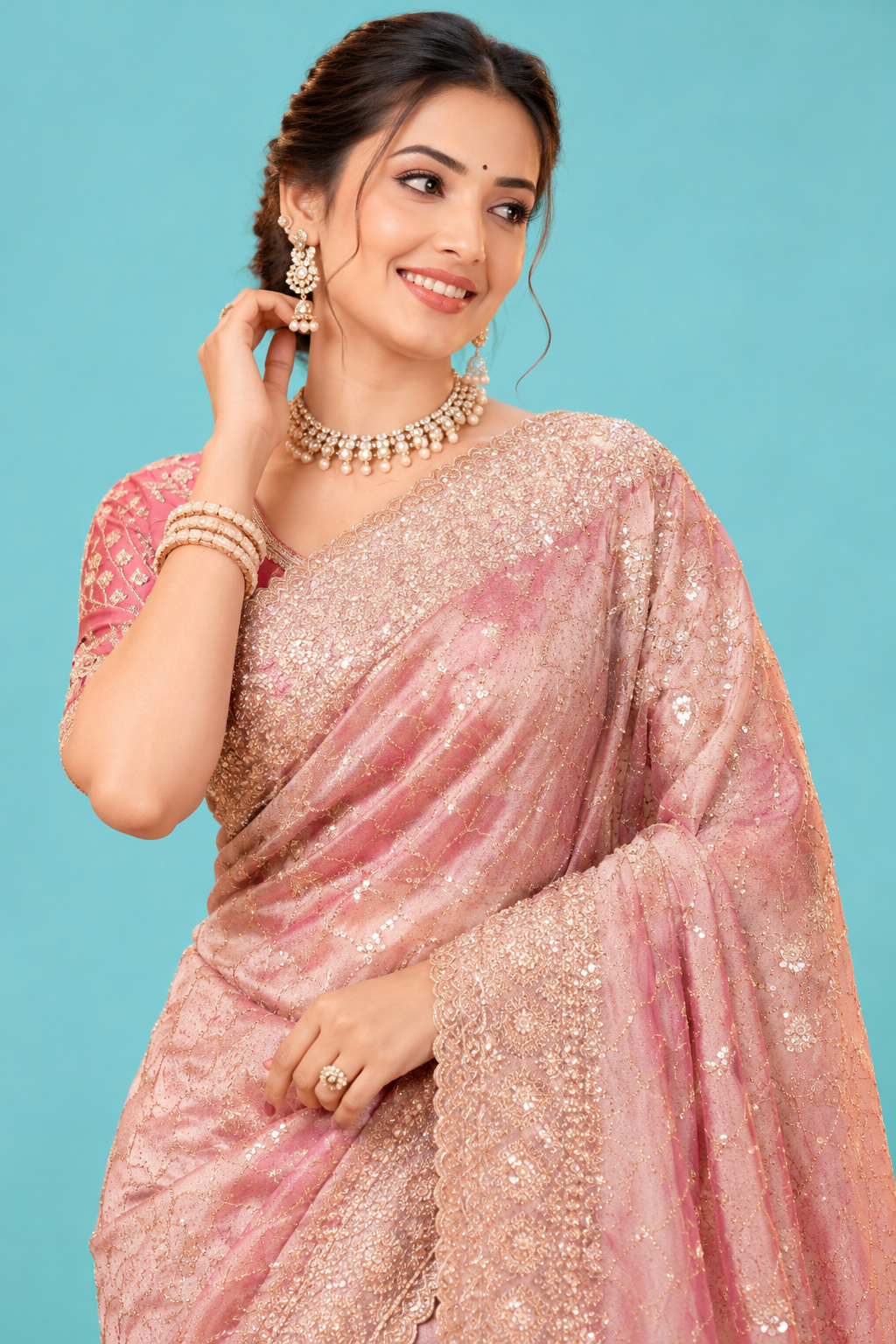 Elegant Dusty Rose Pink Designer Saree with Heavy Golden Embroidery Border