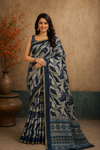 Midnight Blue Leaf Print Designer Saree with Elegant Gold Border