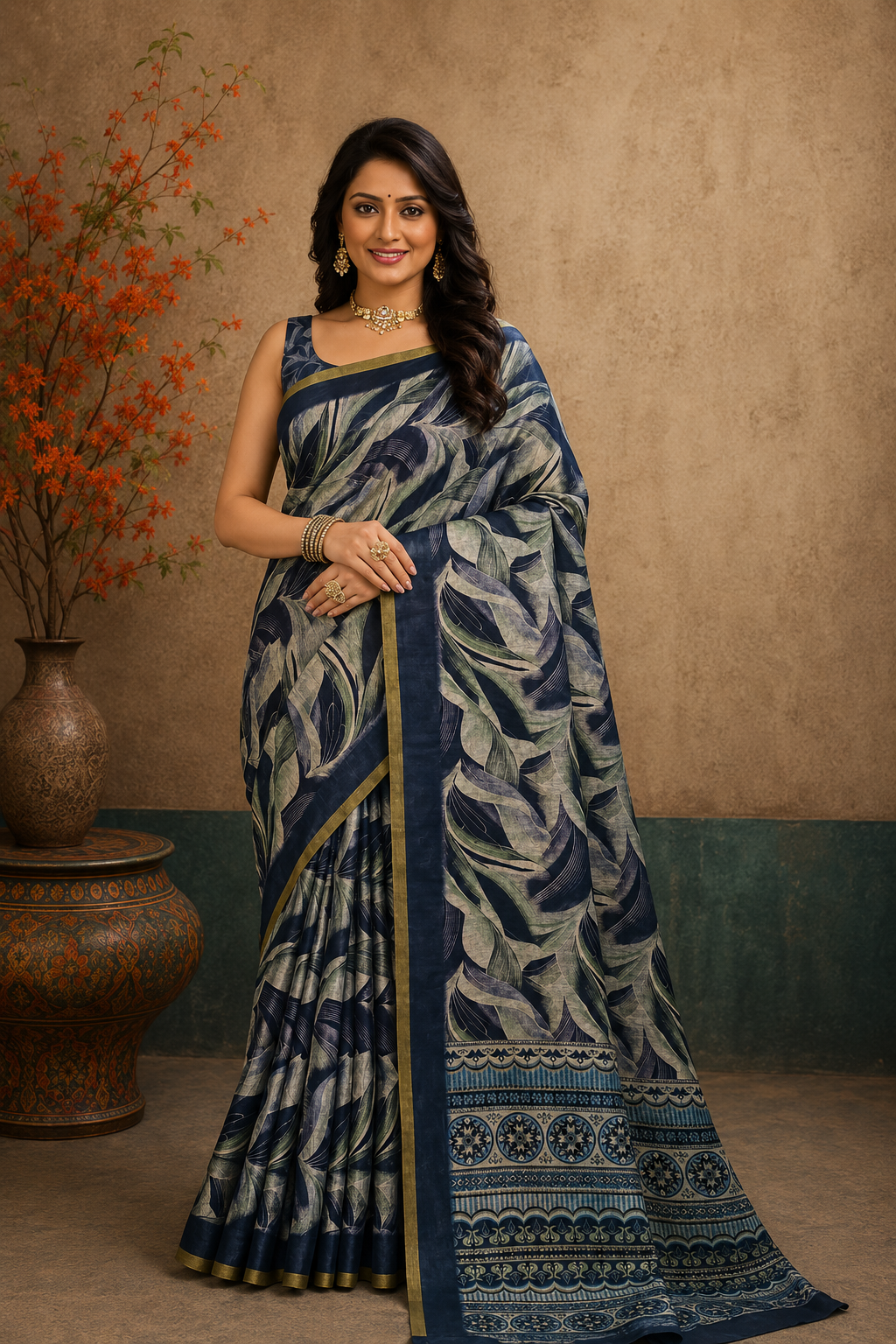 Midnight Blue Leaf Print Designer Saree with Elegant Gold Border