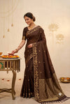 Coffee Brown Checked Silk Saree with Floral Zari Border