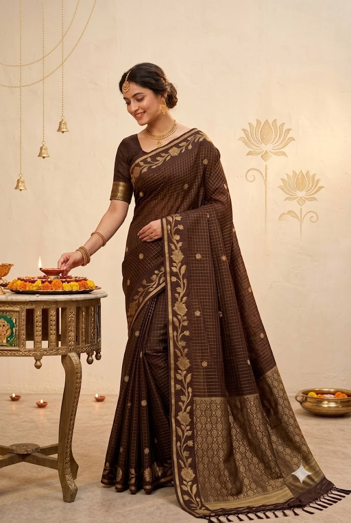 Coffee Brown Checked Silk Saree with Floral Zari Border