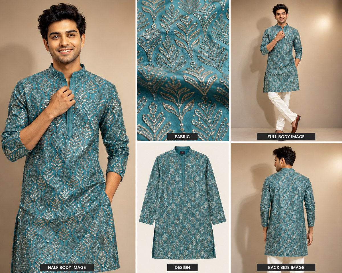 Teal Blue Printed Kurta with White Trousers