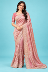 Elegant Dusty Rose Pink Designer Saree with Heavy Golden Embroidery Border
