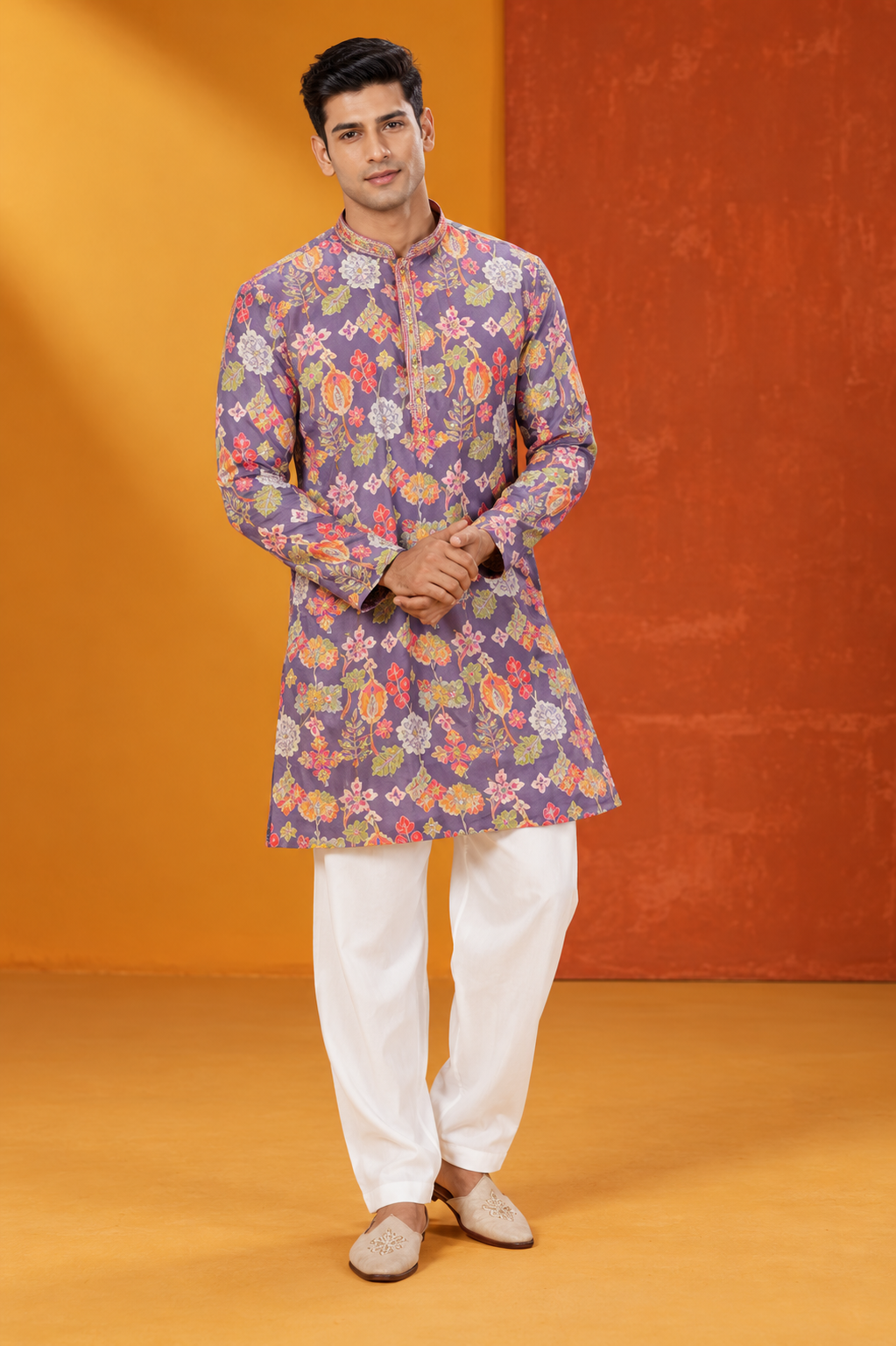 Men's Premium Purple Multicolour Floral Printed Festive Kurta Set