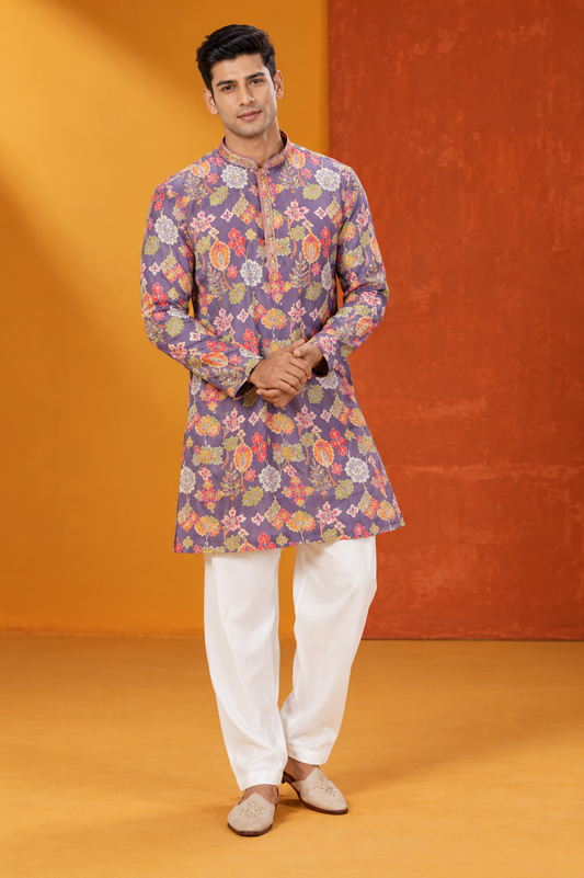 Men's Premium Purple Multicolour Floral Printed Festive Kurta Set