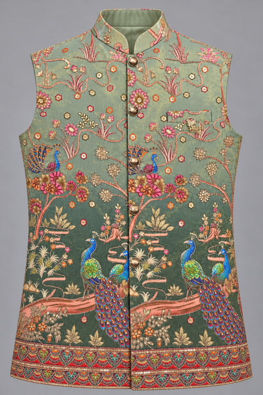 Premium Peacock Floral Printed Modi Jacket