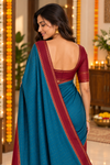 Teal Blue Saree with Maroon Border & Golden Dotted Weave