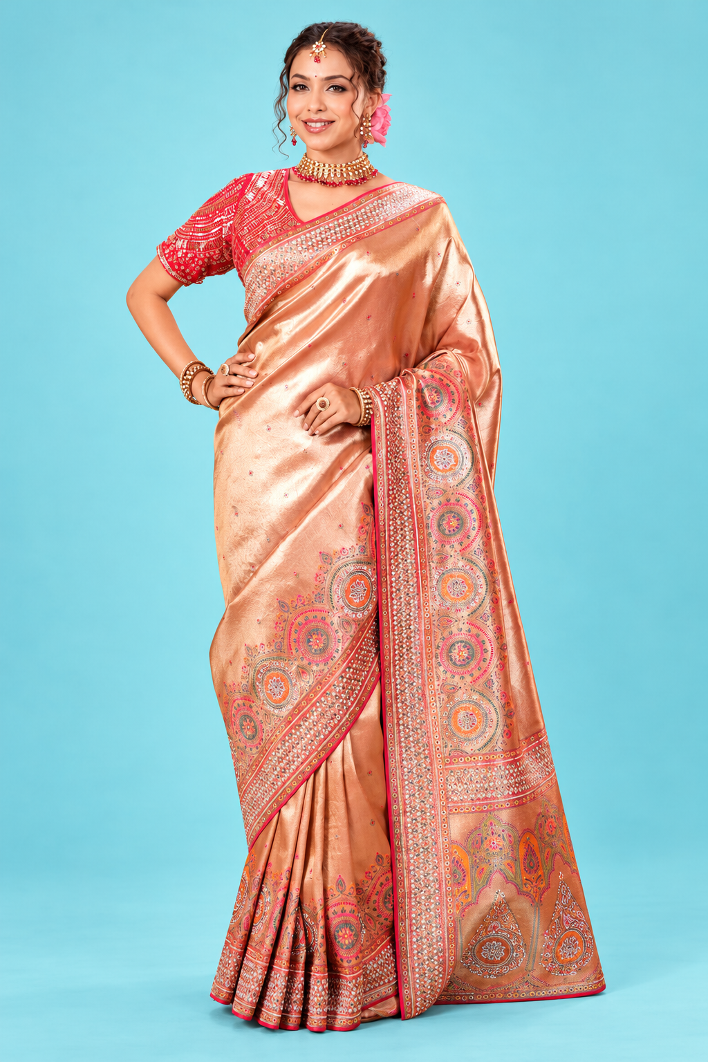 Elegant Peach Gold Designer Saree with Multicolor Embroidered Border
