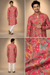 Coral Red Floral Print Festive Kurta for Men