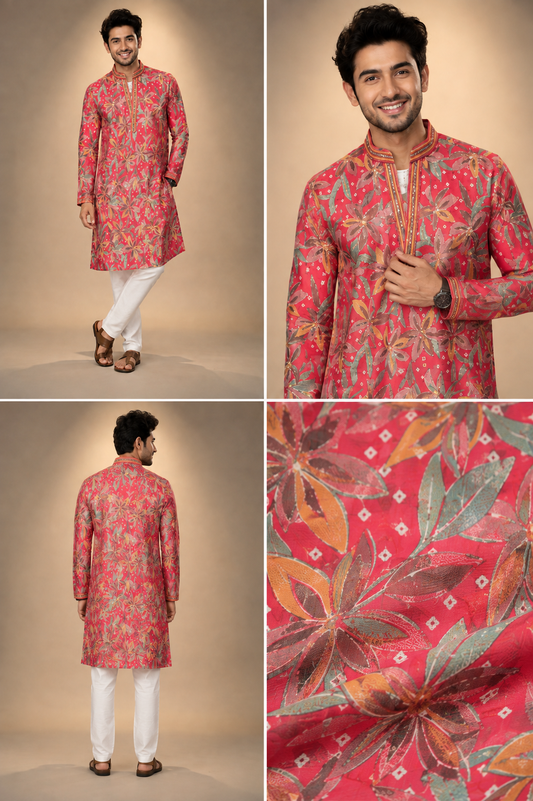 Coral Red Floral Print Festive Kurta for Men