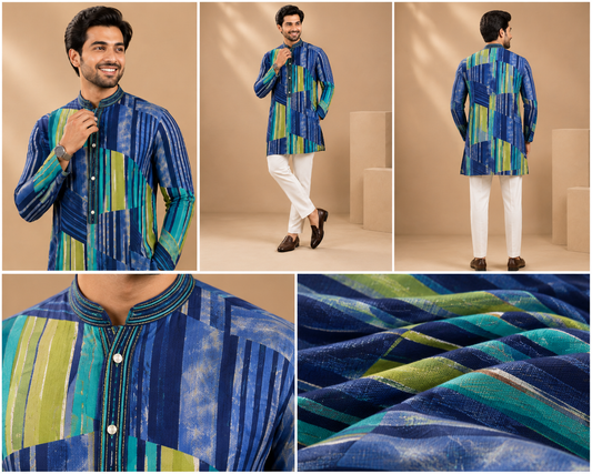 Multicolour Geometric Print Men’s Festive Kurta Set