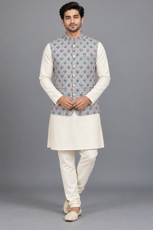 Sky Blue Floral Motif Nehru Jacket for Men