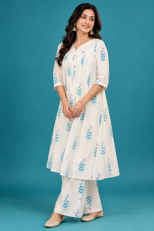 Ivory Floral Printed Kurta Palazzo Set
