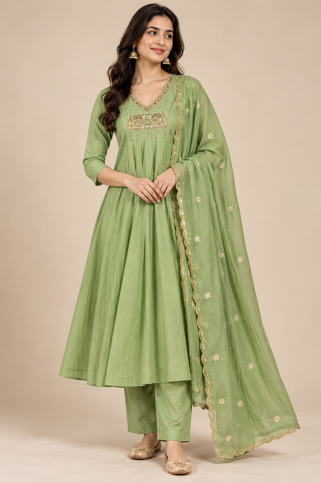 Elegant Sage Green Embroidered Anarkali Kurti Pant Set with Dupatta
