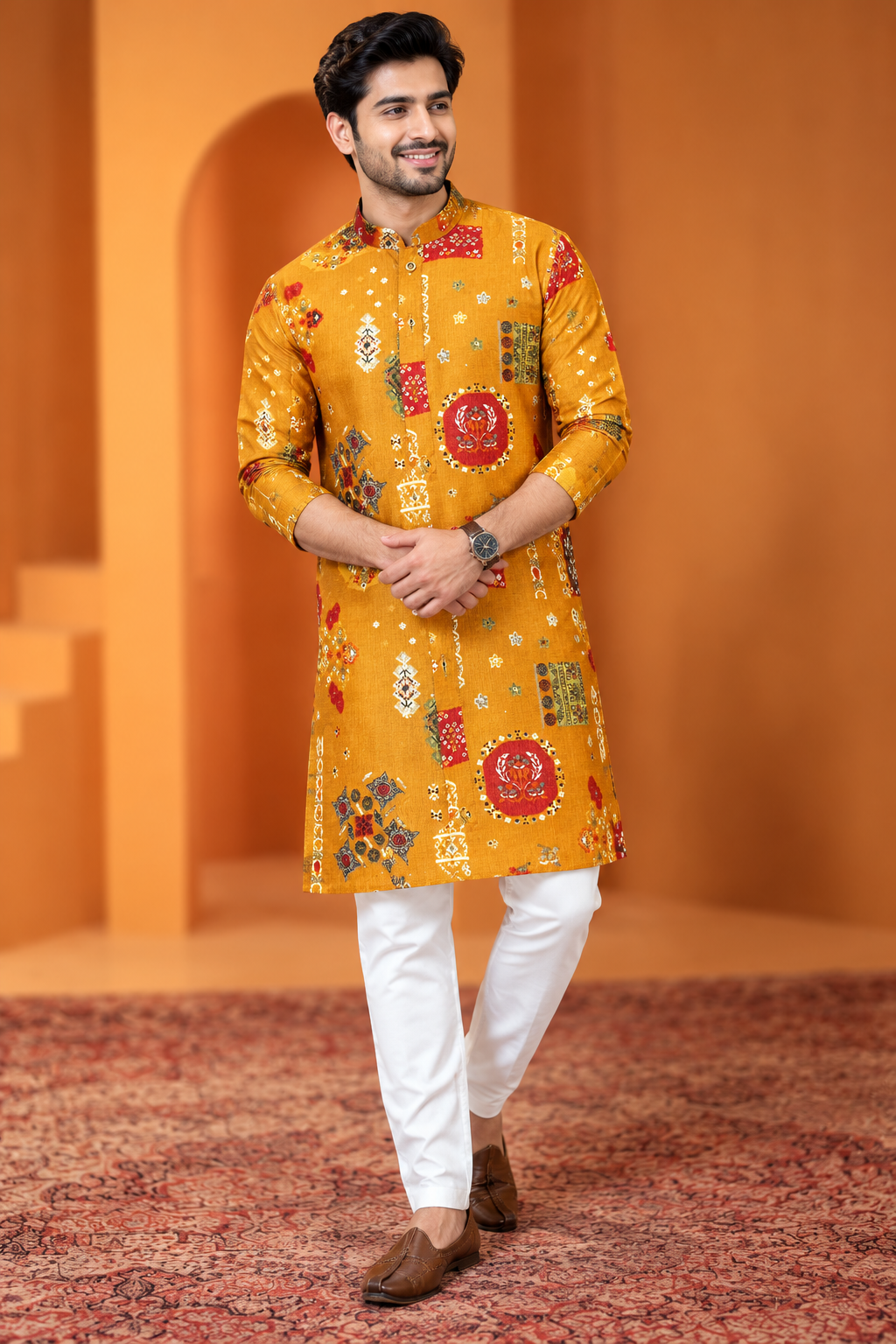 Mustard Yellow Printed Men's Ethnic Kurta