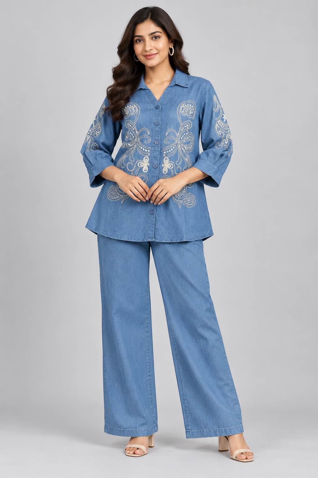 Women's Blue Denim Embroidered Co-Ord Set
