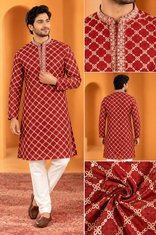 Maroon Embroidered Ethnic Kurta for Men