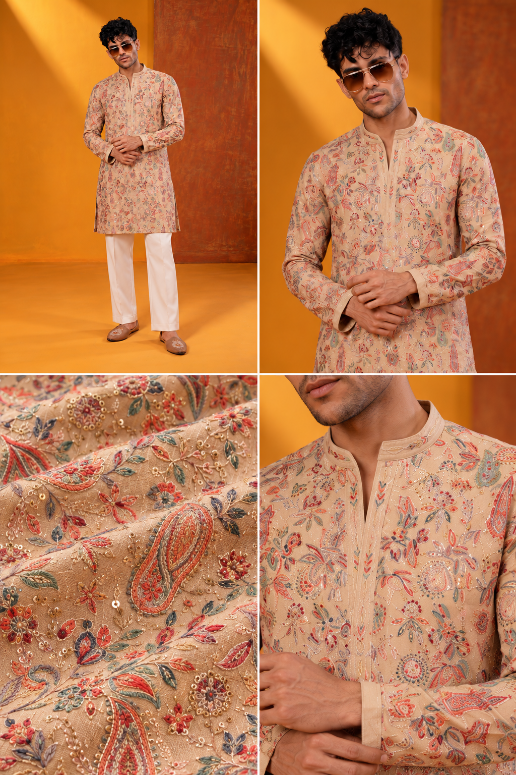 Beige Paisley Embroidered Festive Kurta Set