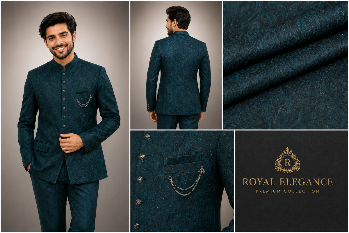 Teal Jacquard Indo-Western Jodhpuri Suit for Men