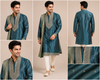 Teal Blue Embroidered Silk Kurta with Dupatta