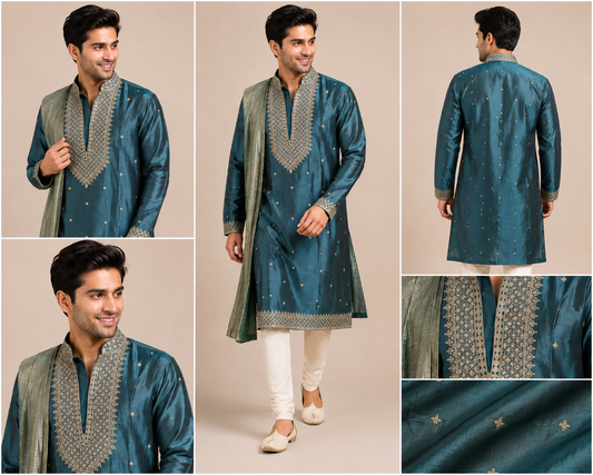 Teal Blue Embroidered Silk Kurta with Dupatta