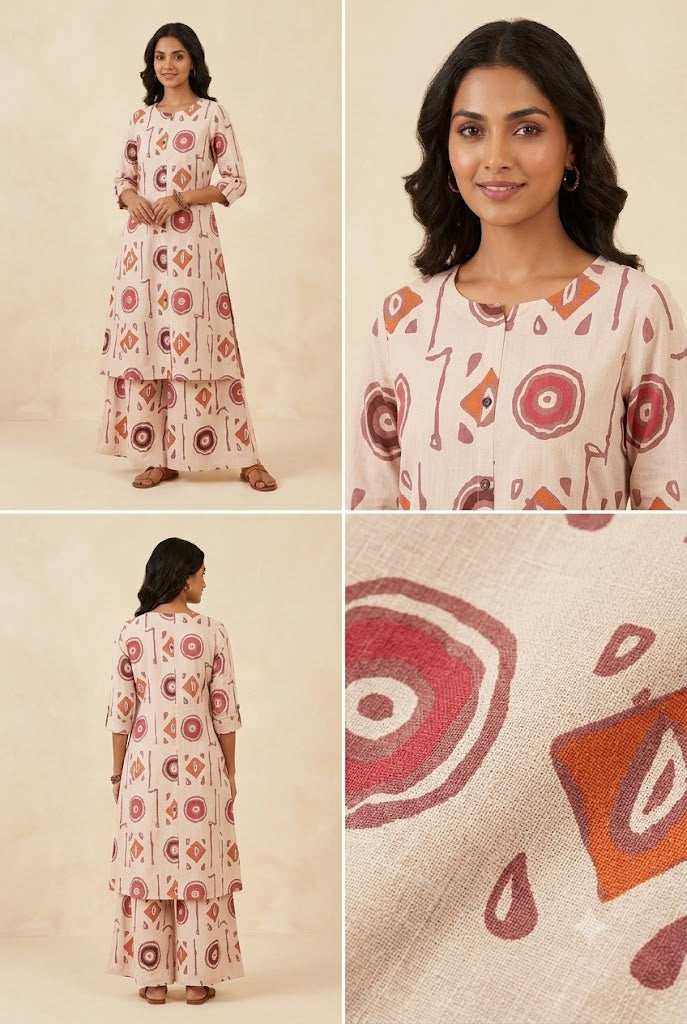 Abstract Print Mandarin-Neck Kurti Co-Ord Set
