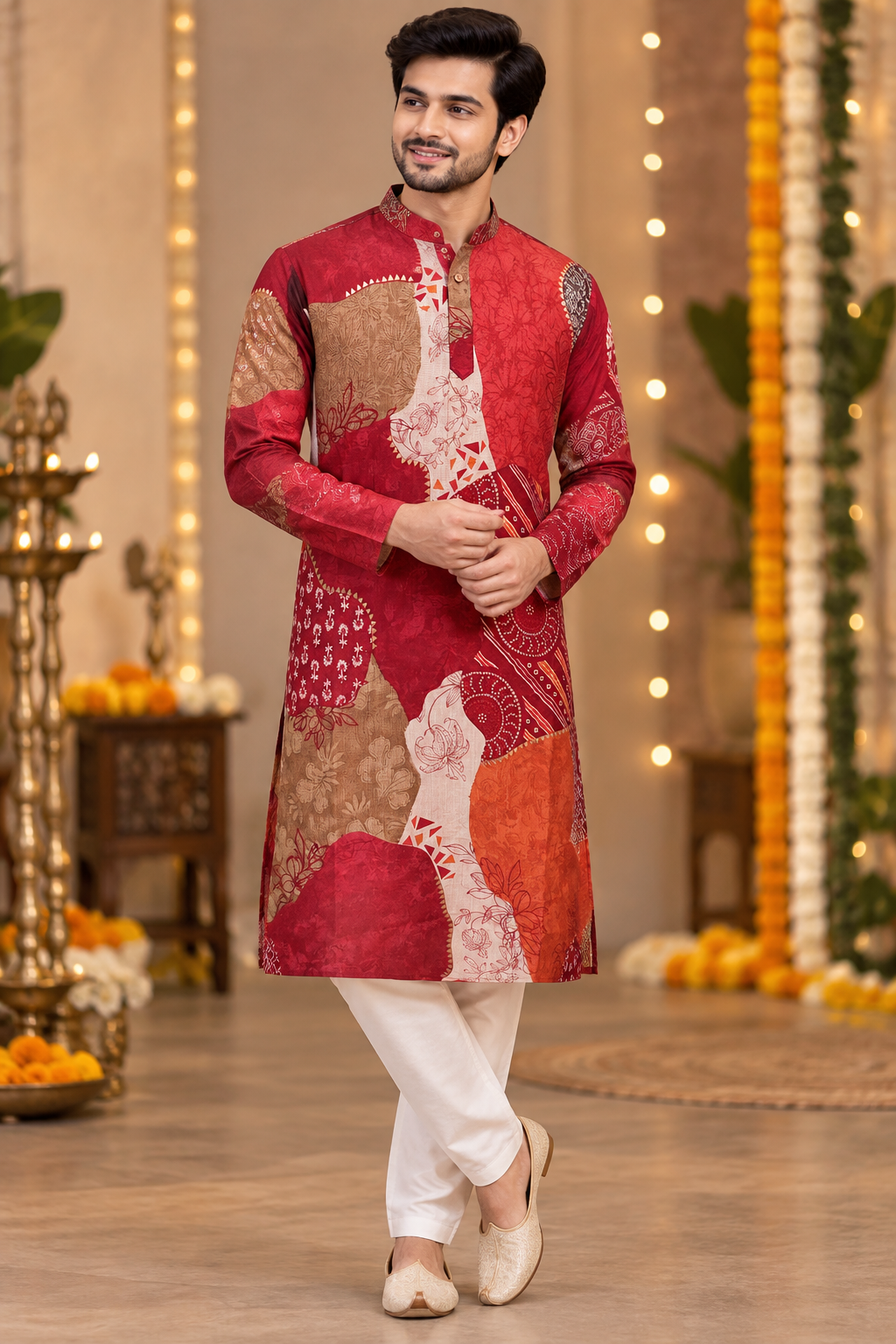 Red Patchwork Print Festive Kurta