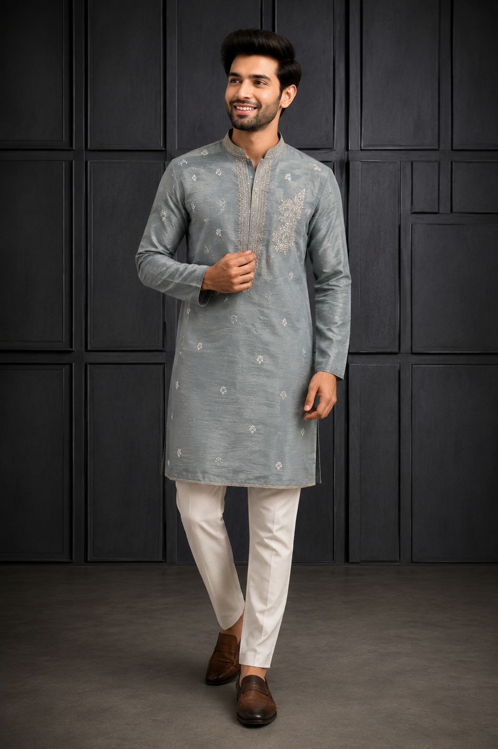 Elegant Grey Embroidered Men’s Kurta Set