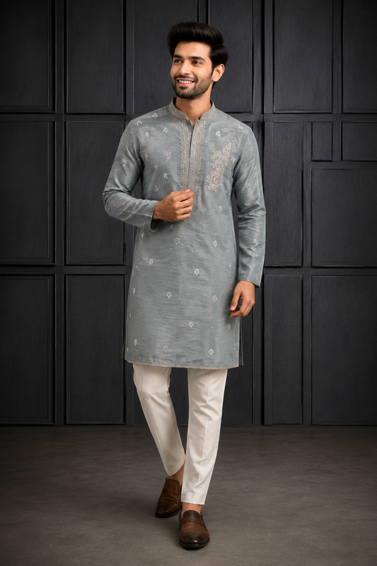 Elegant Grey Embroidered Men’s Kurta Set