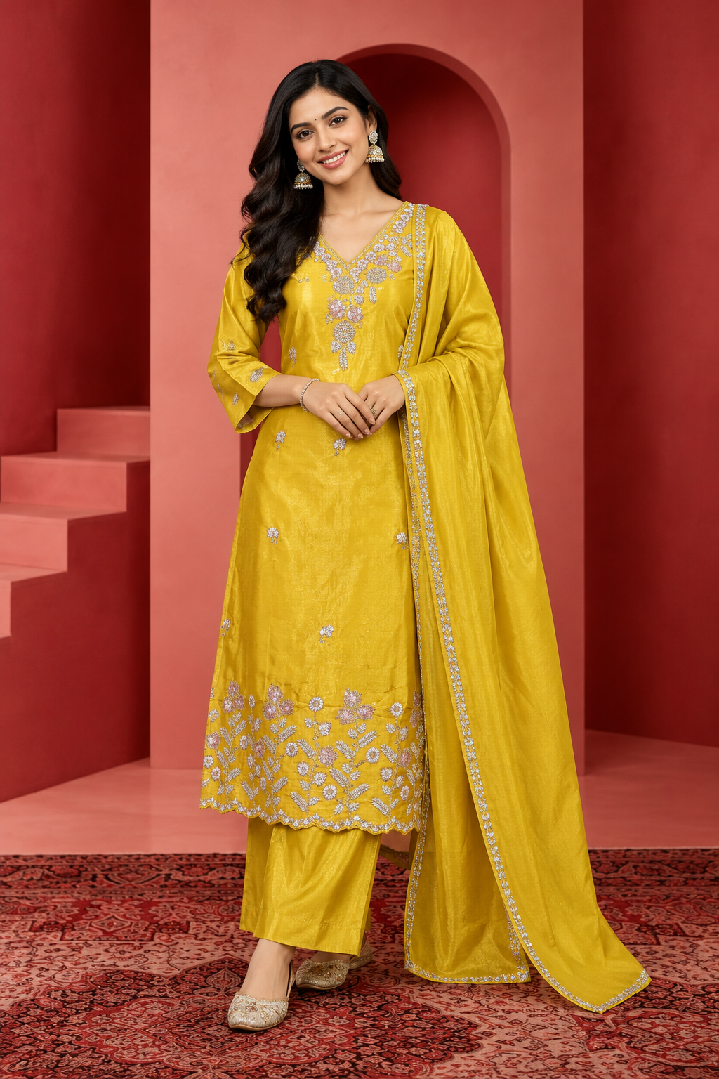Mustard Yellow Embroidered Kurta Pant Set with Dupatta