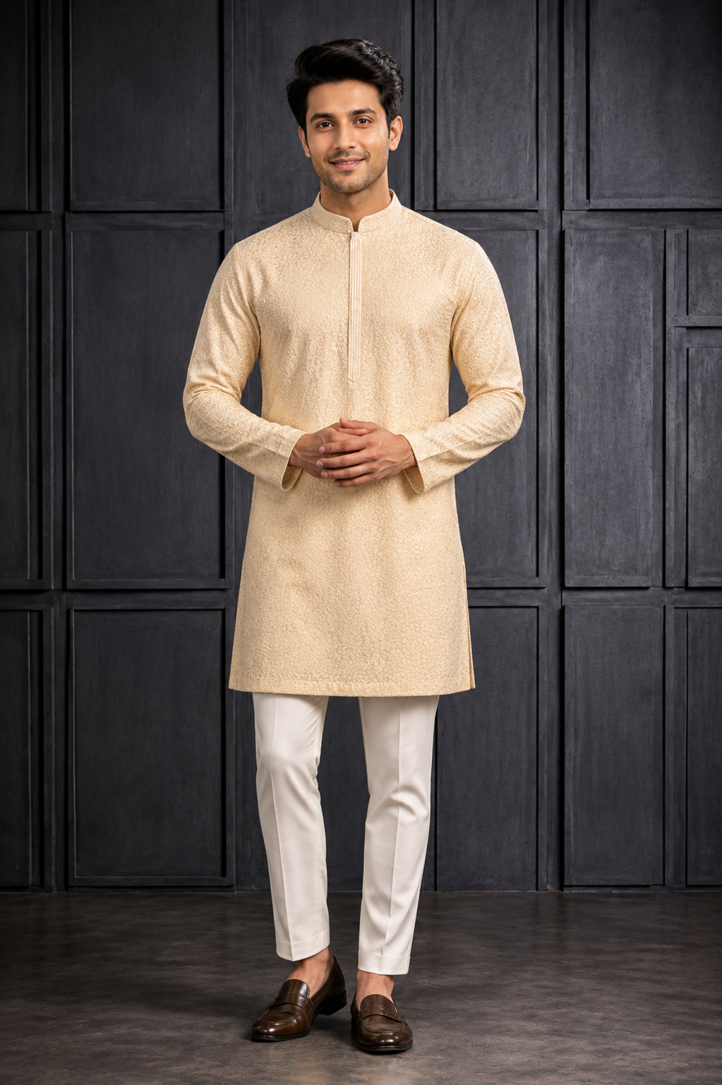 Cream Textured Men’s Festive Kurta