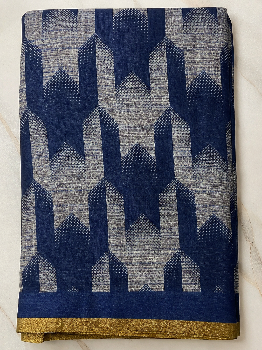 Royal Blue Geometric Print Designer Saree with Elegant Gold Border