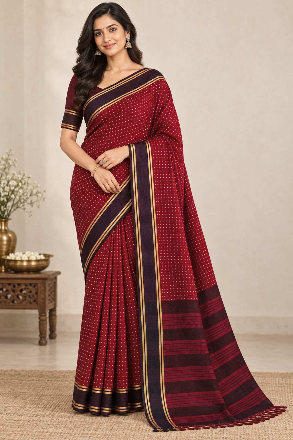 Maroon Dotted Handloom Saree with Contrast Border