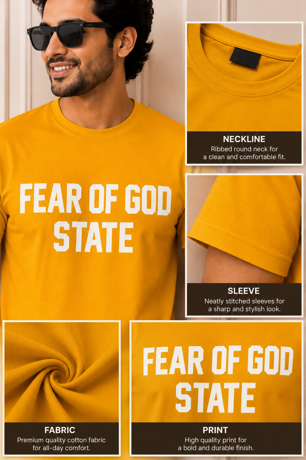 Fear of God State Graphic T-Shirt – Mustard Yellow | Premium Cotton Casual Wear