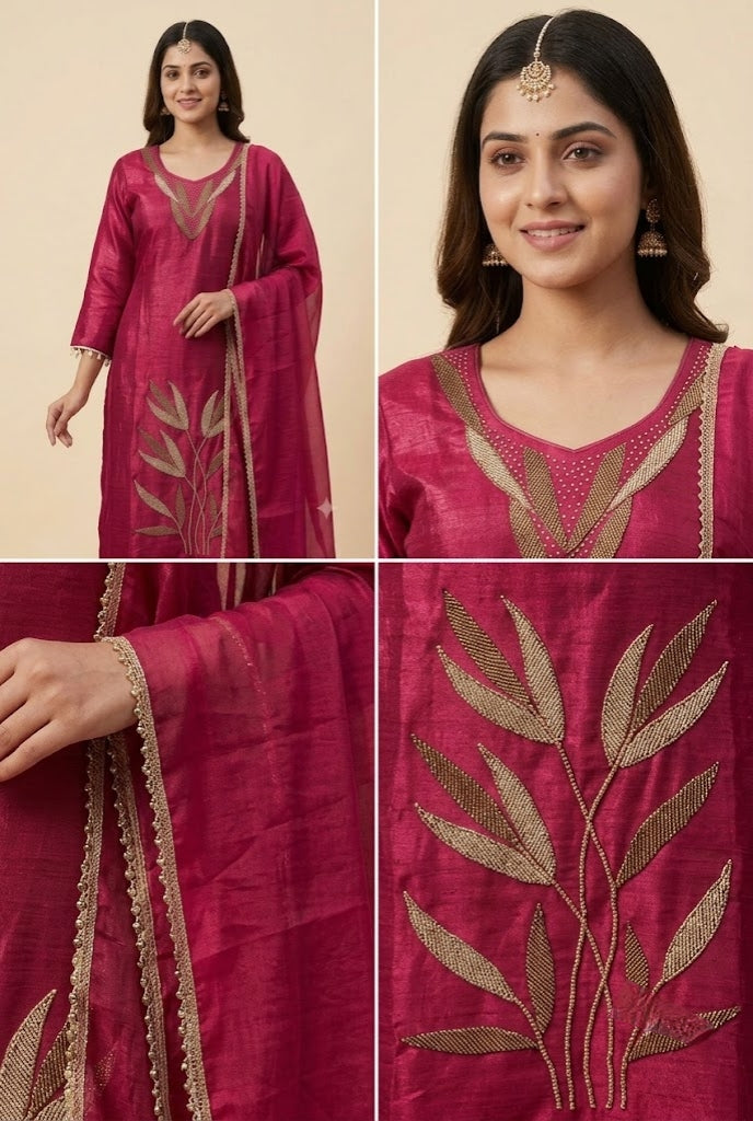 Rani Pink Embroidered Kurta Pant Dupatta Set