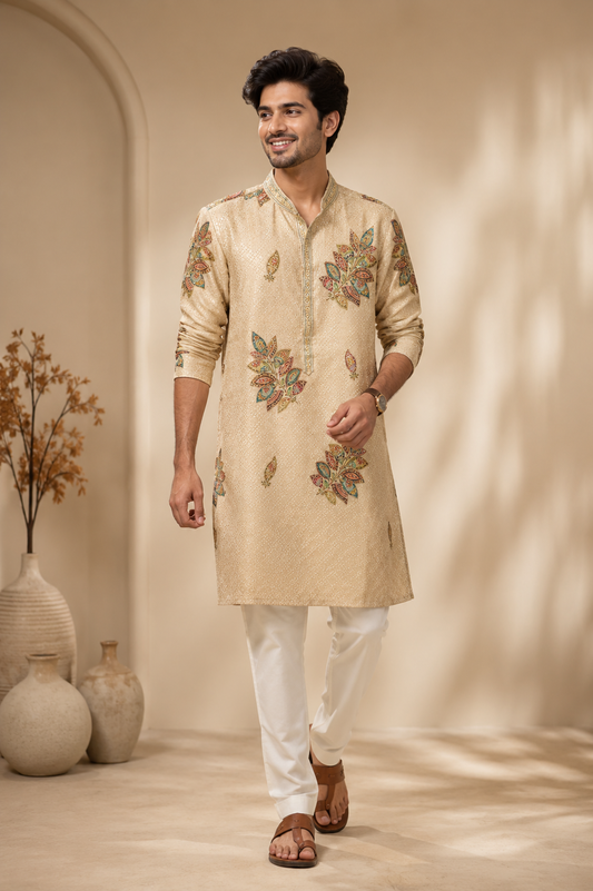 Beige Multicolour Floral Printed Men’s Festive Kurta
