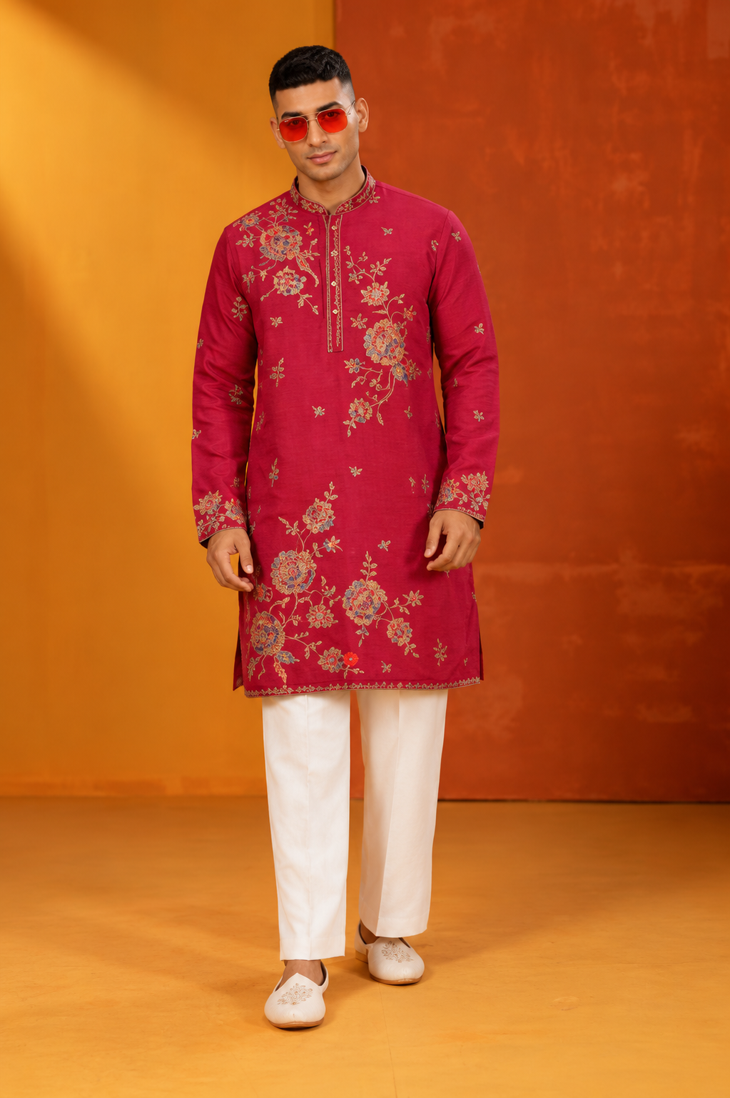 Men's Royal Magenta Floral Embroidered Kurta Set