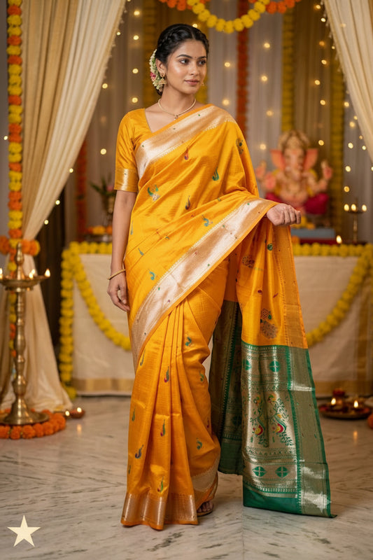 Radiant Mustard Paithani Saree – Festive Elegance