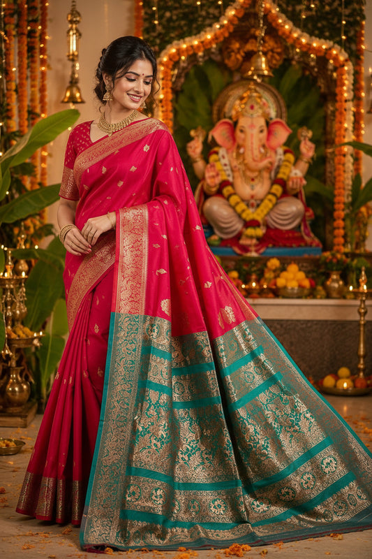 Rani Pink & Teal Gold Zari Festive Saree