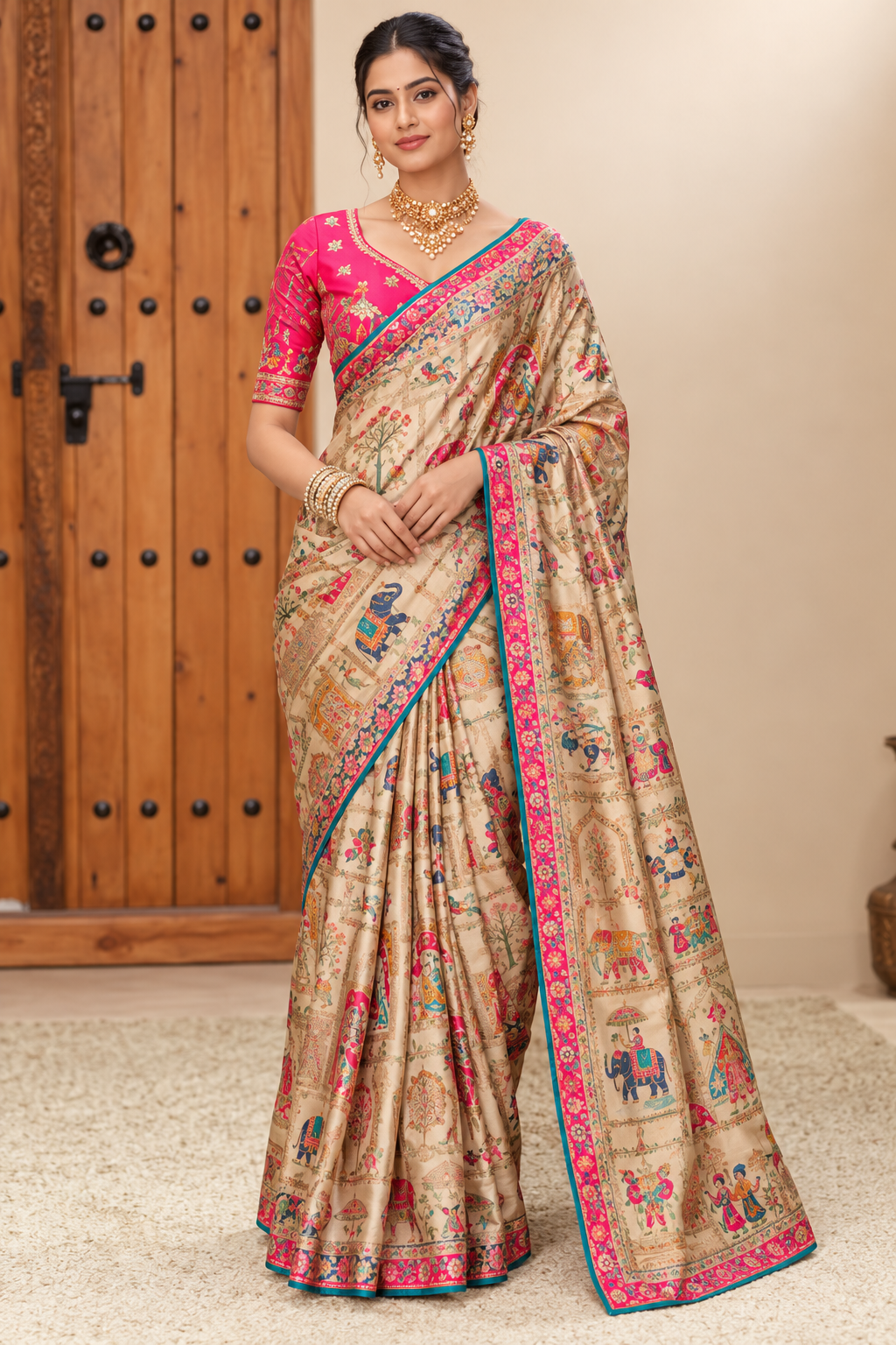 Royal Heritage Printed Saree with Vibrant Pink Border