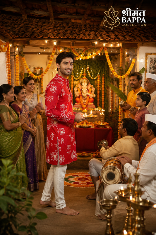 Red Traditional Print Festive Kurta Set
