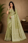Olive Green Woven Saree with Elegant Zari Floral Motifs & Rich Pallu
