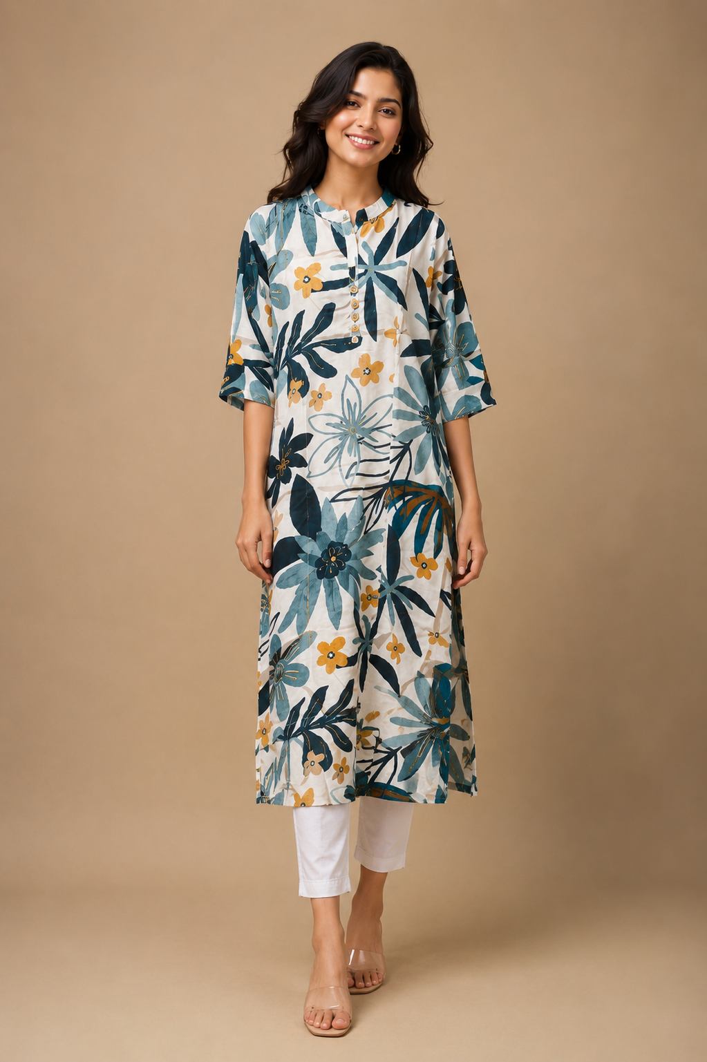 Teal Bloom Printed Long Kurti