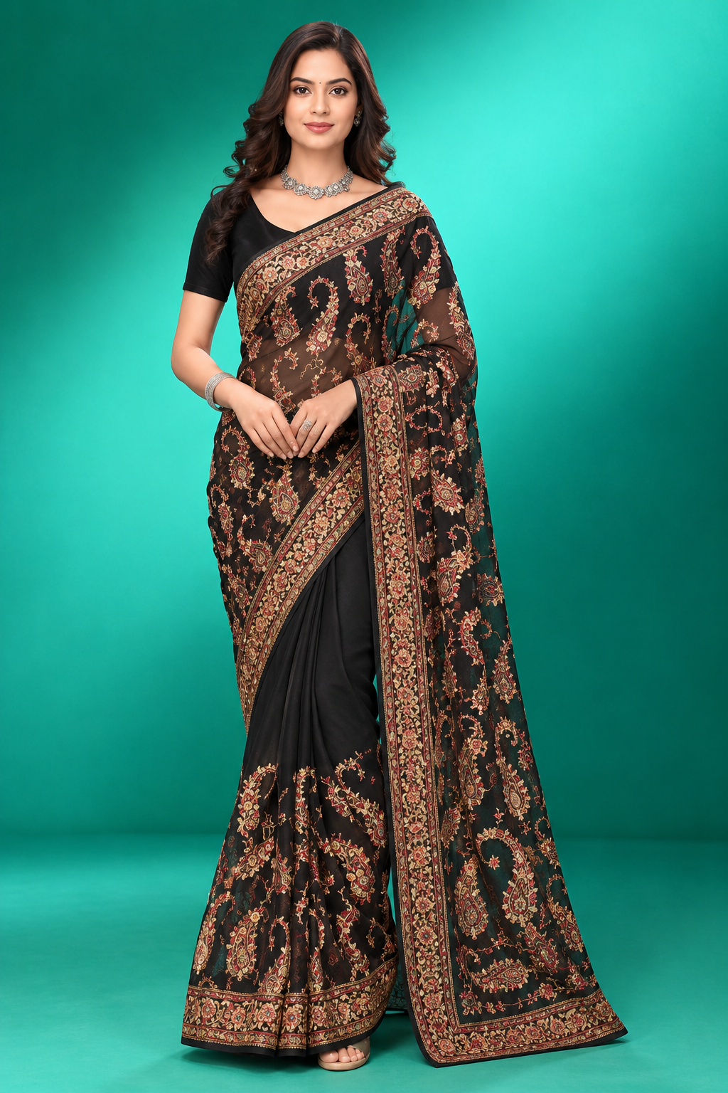 Elegant Black Paisley Embroidered Saree